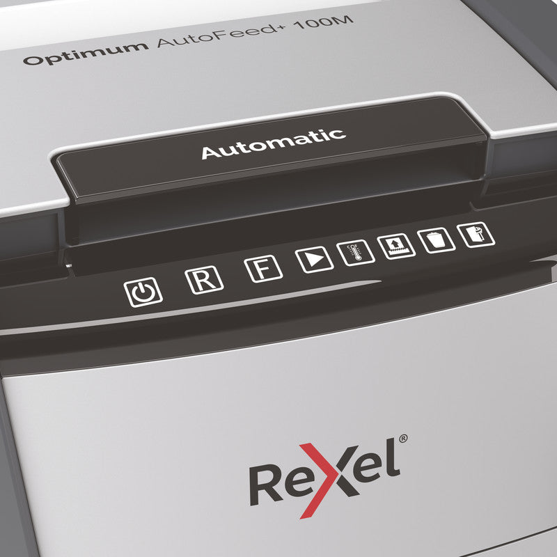 Rexel Optimum AutoFeed+ 100M – Aktenvernichter mit Autofeed 100 Blatt, DIN P-5, Mikroschnitt 2 × 15 mm, 34 l