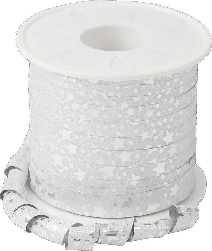 Präsent Geschenkband – Glitter Star – Weihnachten – 10 mm × 100 m, Kunststoff, Weiss