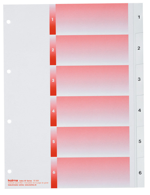 KolmaFlex Register – A4, 6-teilig, PP, weiss, vorgedruckt, mit Indexblatt, 4-fach Lochung