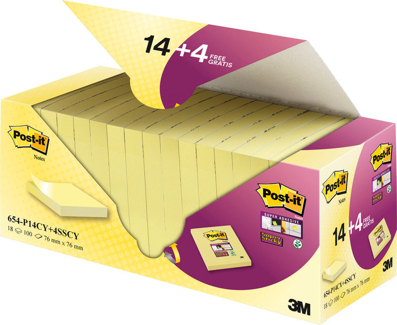 Post-it Haftnotizen Super Sticky – 76×76 mm – gelb, 18×100 Blatt, PEFC
