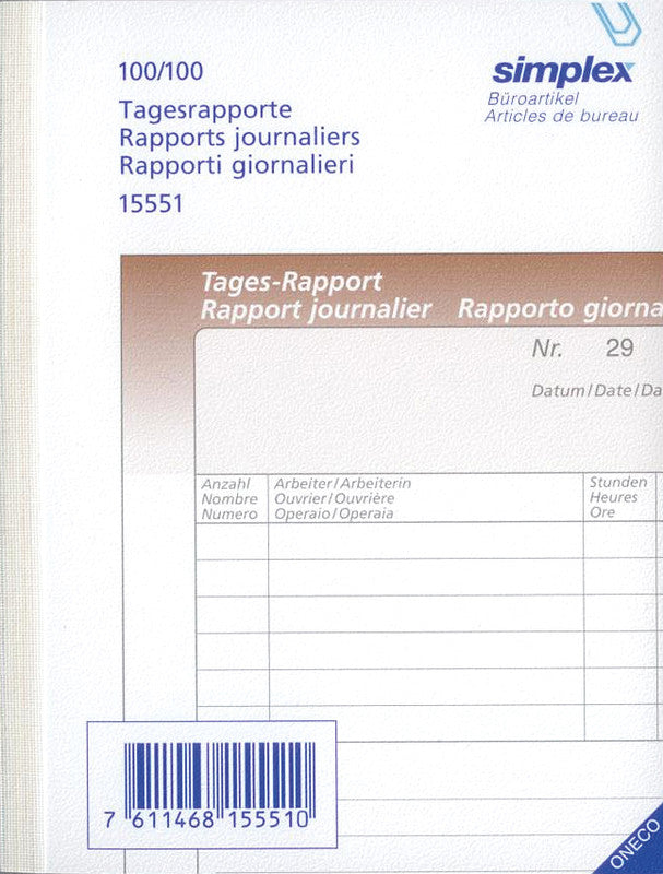 Simplex Formularblock – Tages-Rapporte, mehrsprachig, 100 Blatt, A6