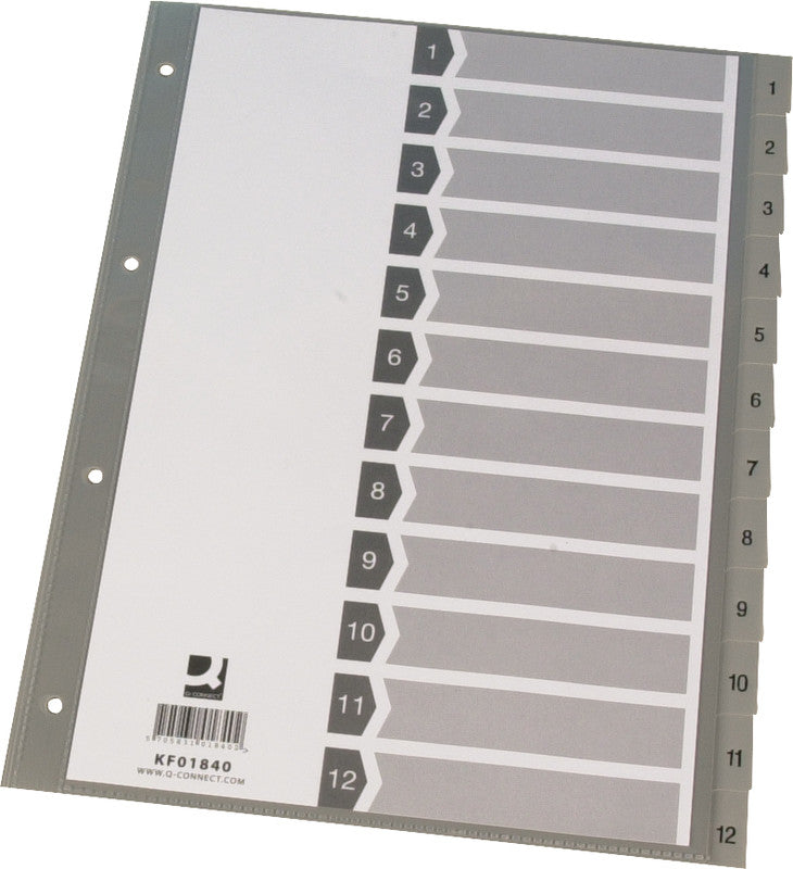 Q-connect Register – A4, 12-teilig, Kunststoff, grau, vorgedruckt, 4-fach gelocht