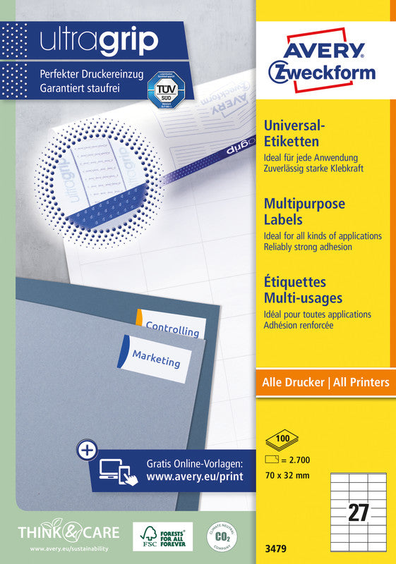 Avery Druckeretiketten, 70 mm × 32 mm, weiss, Papier, permanent, 2700 Etiketten (100 Blatt)