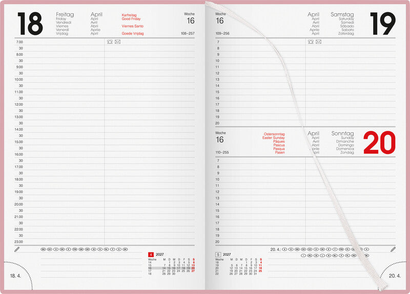 Biella Bunte Agenda – 1 Tag pro Seite, gebunden, 14,5 × 20,5 cm, 2027, ½-Stunden-Takt, Rosa, FSC
