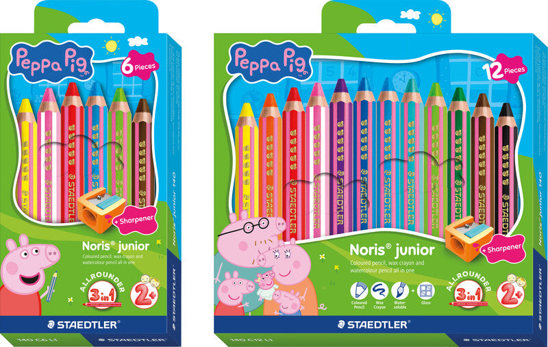 Staedtler Noris junior Aquarellfarbstifte-Set – 6 Farben, Sechskant, Mine Ø 9,5 mm, Kartonetui, mit Spitzer