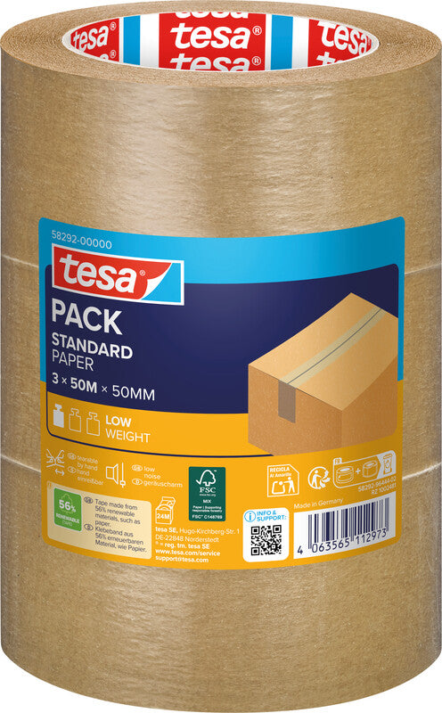 TESA Verpackungsband ecoLogo Standard – permanent, glatt, Papier, 50 mm × 50 m, braun, Kern Ø 76 mm, 3 Rollen