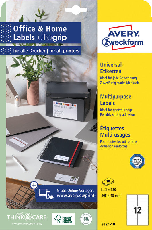 Avery Druckeretiketten, 105 mm × 48 mm, weiss, Papier, permanent, 120 Etiketten (10 Blatt)