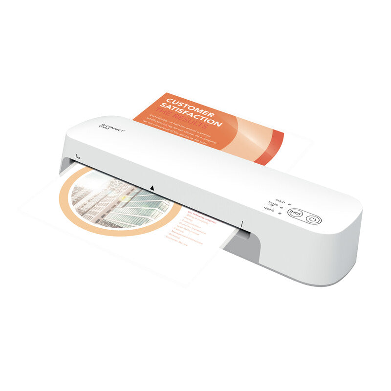 Q-CONNECT S3 Laminiergerät A4 – 2-Rollen, 75–125 µm, Kaltlamination, Aufheizzeit 1 Min., 420 mm/min, Weiss