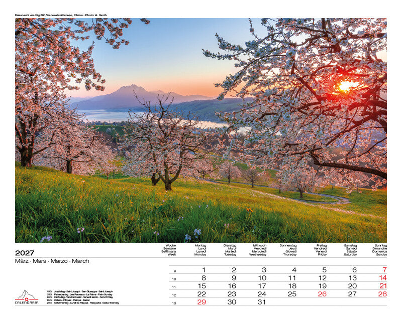 Calendaria Bildkalender Schweiz 2027 – 40 × 31 cm – Kalendarium d/f/i/e