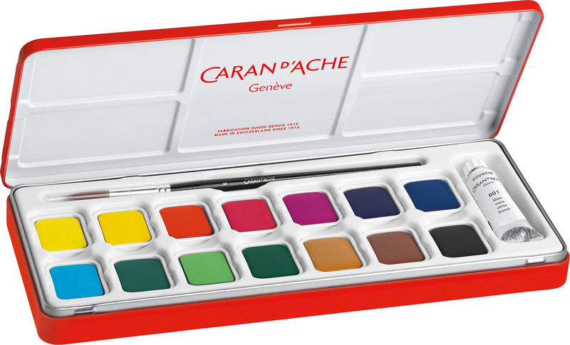 Caran d-Ache Caran d'Ache – Studio – Gouache – Set – 14 Farben, inklusive Deckweiss, mit Pinsel