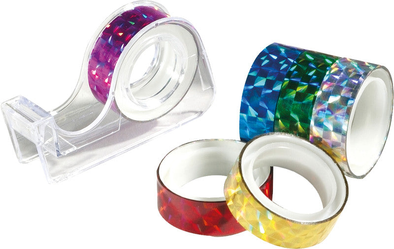Folia Washi Tape (Deko) – mit Abroller – permanent, holografisch, 12 mm × 2 m, farbig sortiert, 6 Rollen