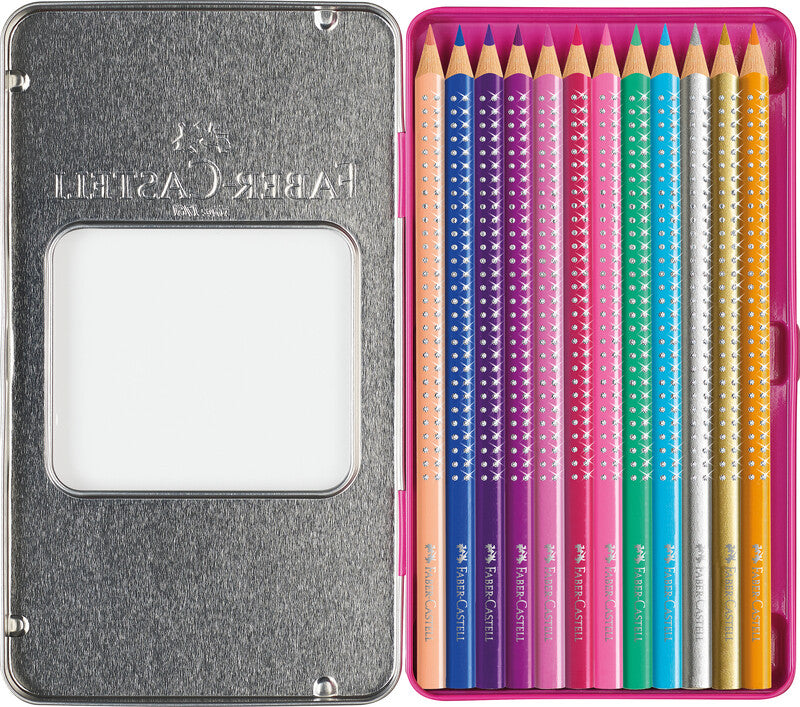 Faber-Castell Aquarellfarbstifte Grip Sparkle – 12 Farben, im Metalletui, Ø 3 mm, dreikantig, FSC