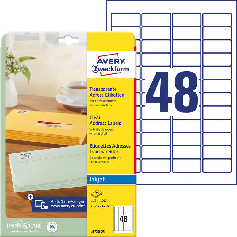 Avery Inkjet-Etiketten, 46 mm × 21 mm, transparent, Folie, permanent, 25 Blatt (1'200 Etiketten)