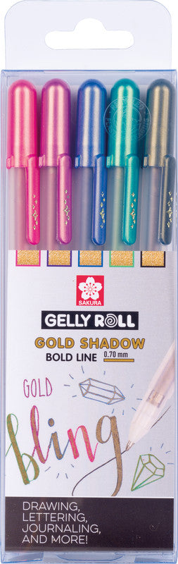 Sakura Gelly Shadow Gelschreiber 5er Set – 5 Farben, 0,7 mm, für dunkles Papier, Kappe