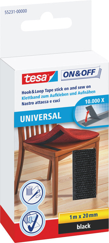 TESA Klettband on&off – permanent, 20 mm × 1 m, schwarz