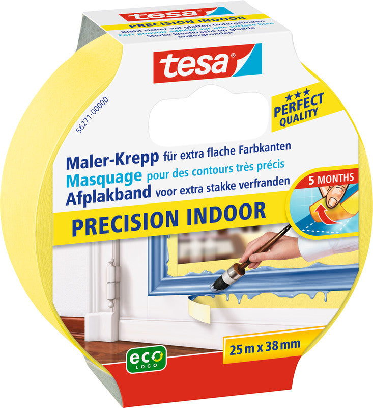 tesa Abdeckband Precision Indoor – 38 mm × 25 m, gelb, Papier, glatt, rückstandsfrei bis 150 Tagen