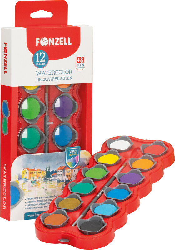 Fonzell Deckfarbkasten – 12 Farben, sortiert, mit Pinsel