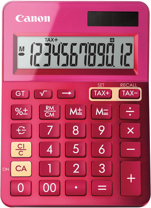 Canon Tischrechner LS-123K – 12-stellig, angewinkeltes LCD, Prozent/Korrektur, Solar + Batterie, pink