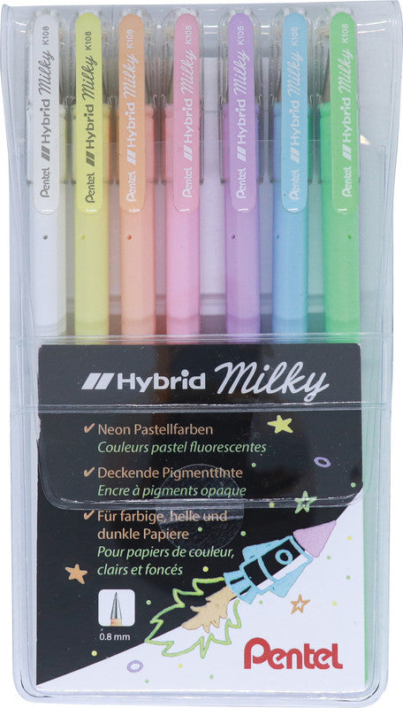 Pentel Hybrid Gel Milky Gelschreiber 7er Etui – 7 Farben, 0,4 mm, für dunkles Papier, Kappe