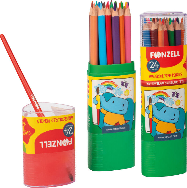 Fonzell Aquarellfarbstifte-Set – 24 Farben, Dreikant, Mine Ø 3,3 mm, Dreiecksetui, mit Pinsel