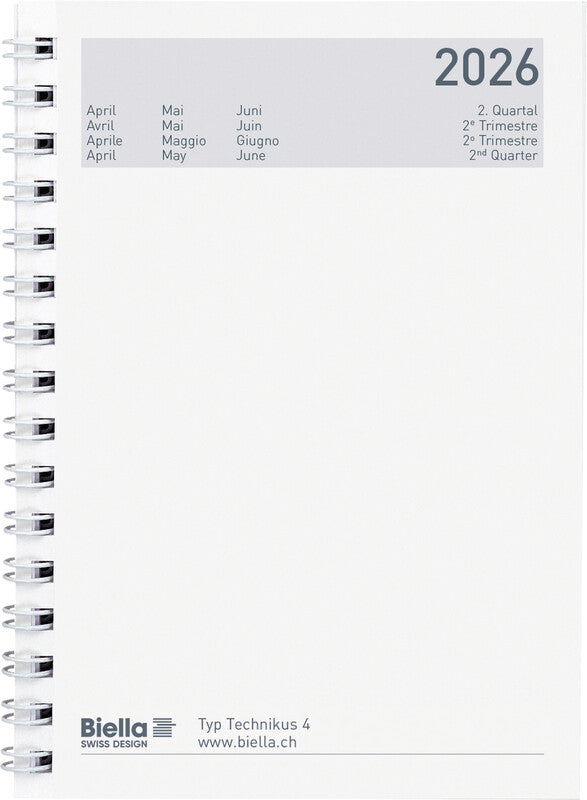 Biella Technikus 4 Agenda – 1 Tag pro Seite, Spiralbindung, 10,1 × 14,2 cm, 2026, 1-h-Takt, Schwarz, FSC