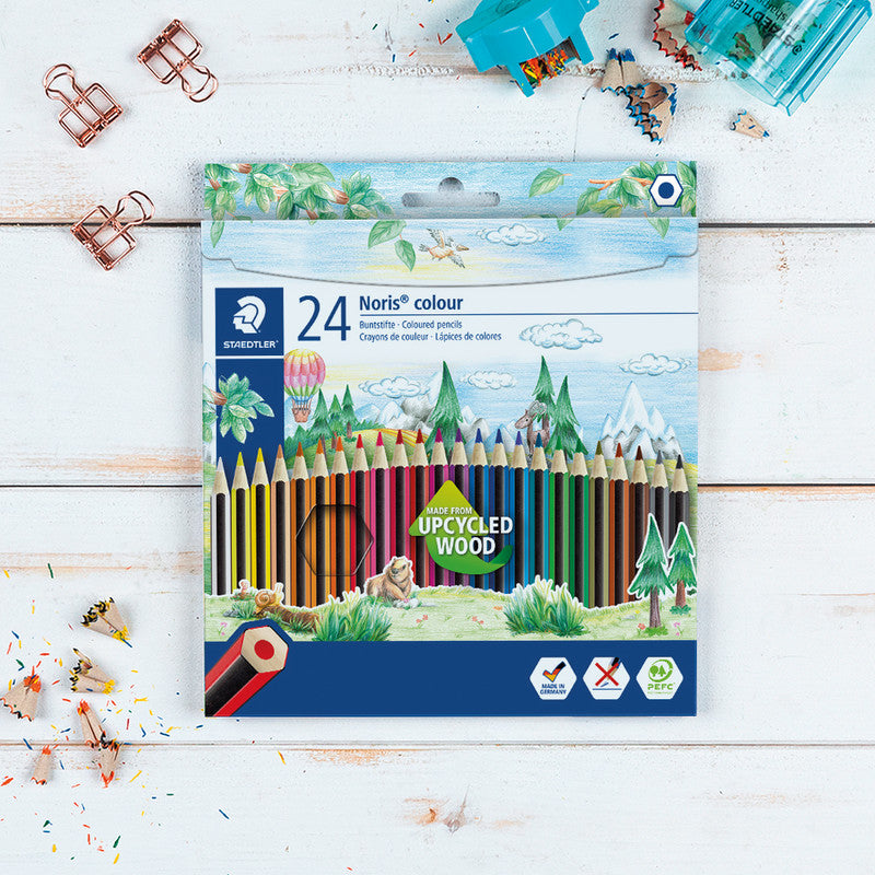 Staedtler Buntstifte Noris colour Upcycling – 24 Farben, im Kartonetui, sechskantig, PEFC