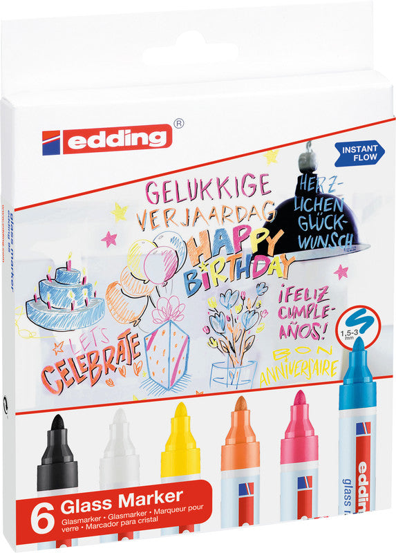 Edding Non-Permanent Marker Glasboard 95 – Rundspitze 1,5-3 mm – Sortiert – 6er-Set – Trocken abwischbar