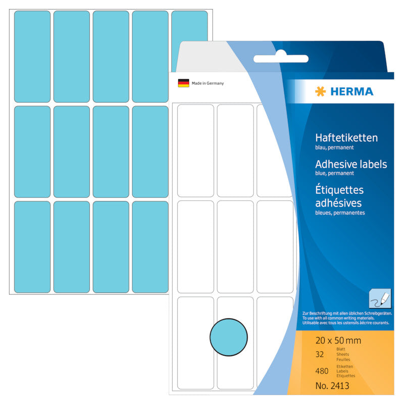 HERMA Schuletiketten – 20 × 50 mm, Abgerundete Ecken, 480 Stk, 32 Bogen, Papier, Permanent Haftend