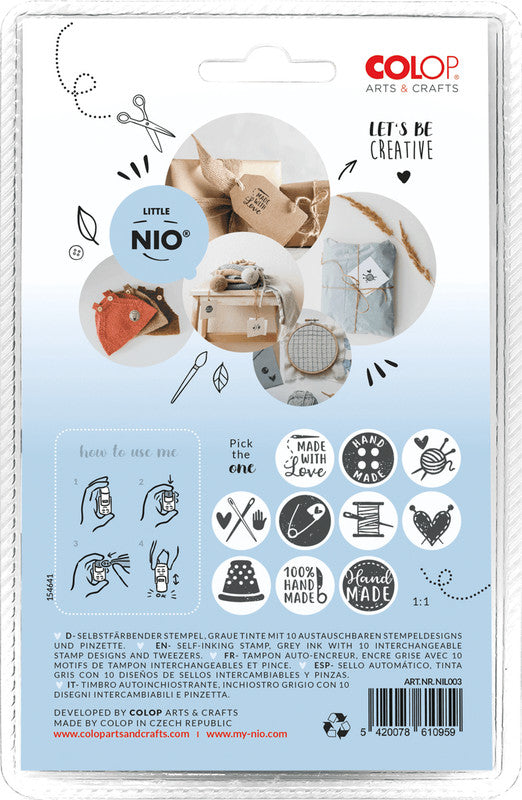 Colop Little NIO Rundstempel – handgemacht, selbstfärbend, 10 Motive, Ø 17 mm, graues Kissen, Englisch
