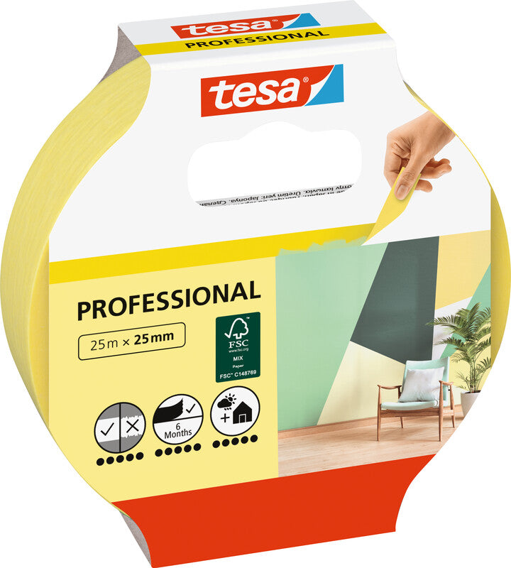 tesa Abdeckband Precision Indoor – 25 mm × 25 m, gelb, für Innenbereich, Papier, glatt