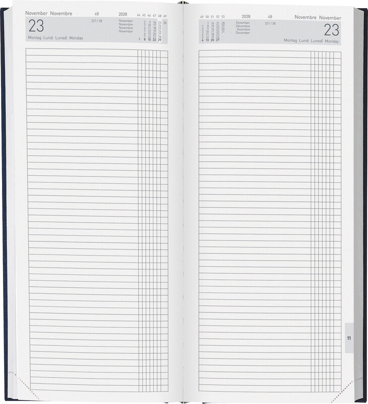 Biella Langformat Tower Agenda – 1 Tag/2 Seiten, Gebunden, 13,5 × 31,5 cm, 2028, Dunkelblau, FSC