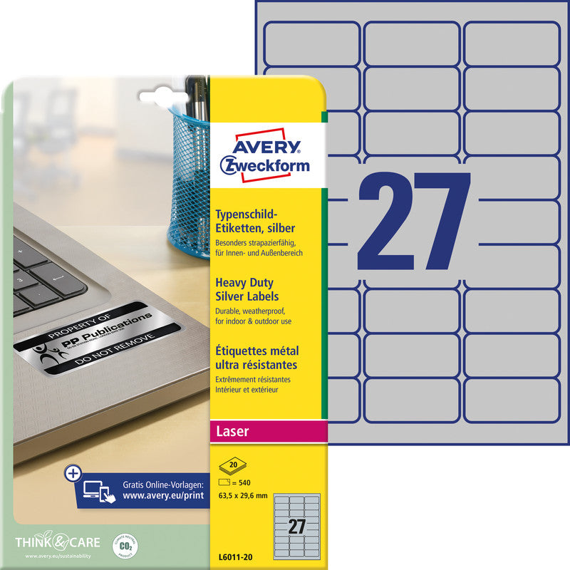Avery Typenschild-Etiketten, 64 mm × 30 mm, silber, Folie, permanent, 540 Etiketten (20 Blatt)