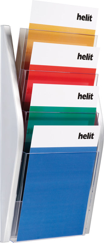 Helit Wandprospekthalter – A4 hoch, silber, Kunststoff, 4 Fächer – 1 Stk