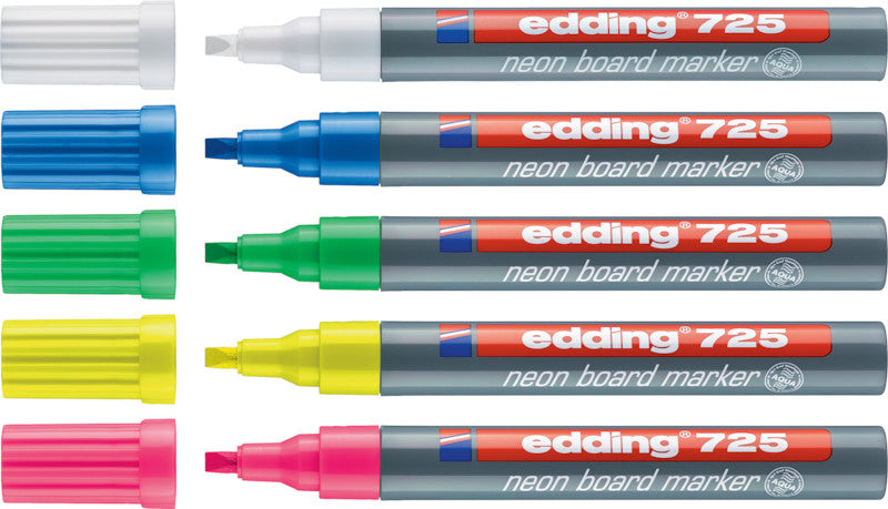 Edding Kreidemarker 725 – Keilspitze, 2–5 mm – 5er-Set, Farben sortiert (weiss, neongelb, neonblau, …)