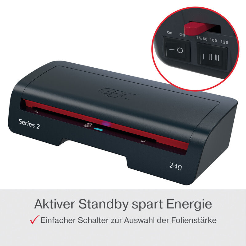 GBC 240 Laminiergerät A4 – 2 Rollen, 75–125 µm, Aufheizzeit 2 Min., 400 mm/min, Schwarz