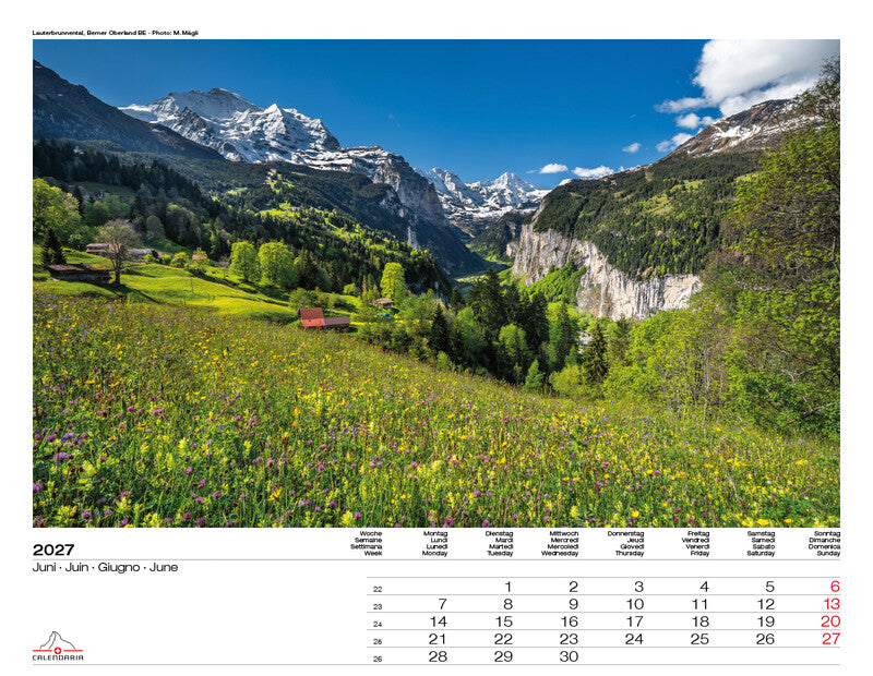 Calendaria Swiss Panorama – Bildkalender Schweiz 2027 – 40 × 31 cm – Kalendarium d/f/i/e