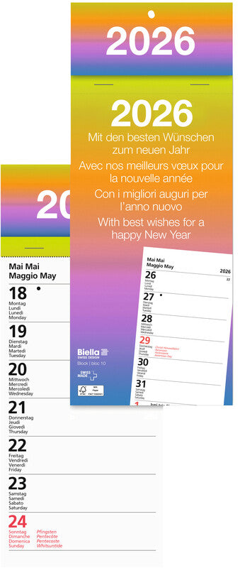 Biella Abreisskalender – 1 Woche pro Blatt – viersprachig D/F/I/GB – 2026 – 10,5 × 21 cm