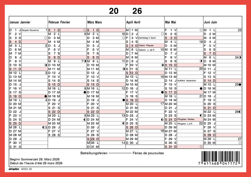 Simplex Tafelkalender – zweisprachig Deutsch/Französisch – 2026 – 6 Monate pro Seite, zweiseitig, mit Notizfeld – A5 quer