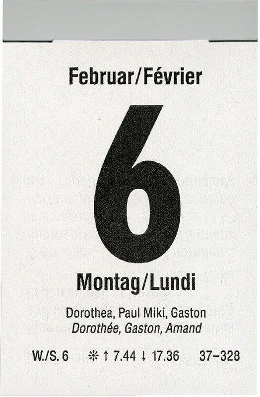 Biella Abreisskalender Block 3 2026 – 5,4 × 8 cm – 1 Tag/Blatt – d/f – perforiert