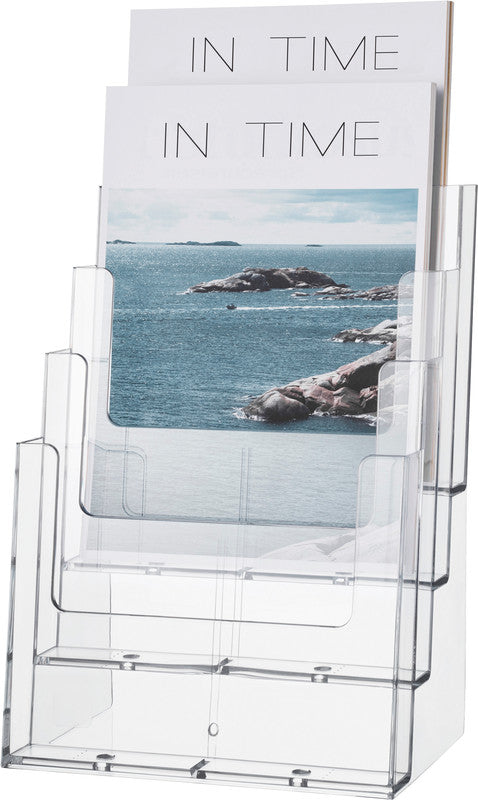 Helit Tischprospekthalter – für A4 hoch – 4 Fächer, Kunststoff, transparent, the helpdesk, 240 × 340 × 192 mm