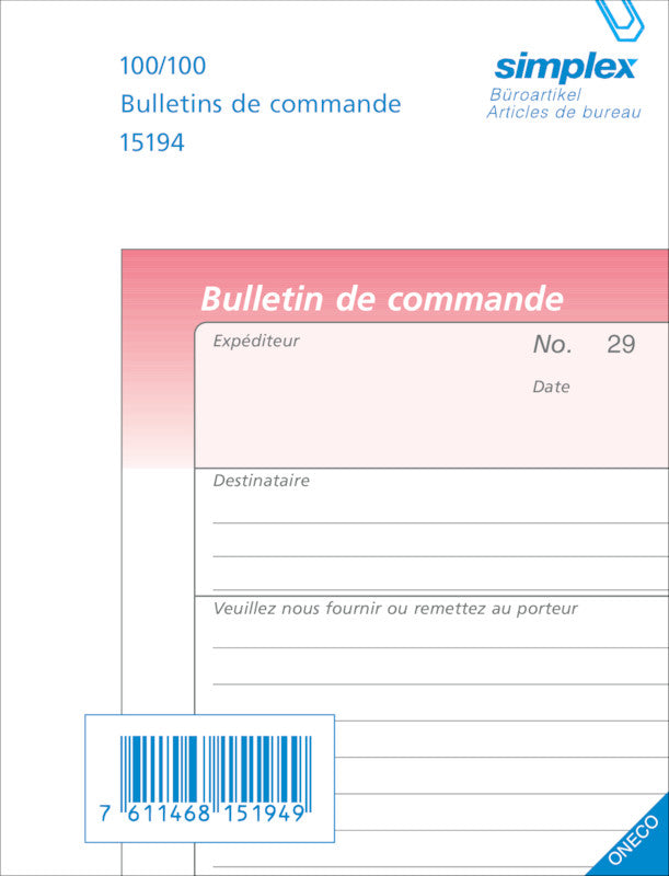 Simplex Formularblock – Bestellscheine, Französisch, 100 Blatt, A6