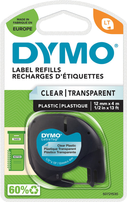 DYMO Schriftband – 12 mm × 4 m, transparent, schwarz, LetraTag