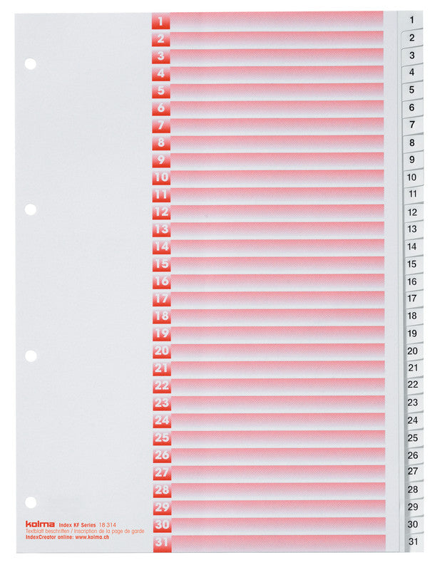 KolmaFlex Register – A4, 31-teilig, PP, weiss, vorgedruckt, mit Indexblatt, 4-fach Lochung