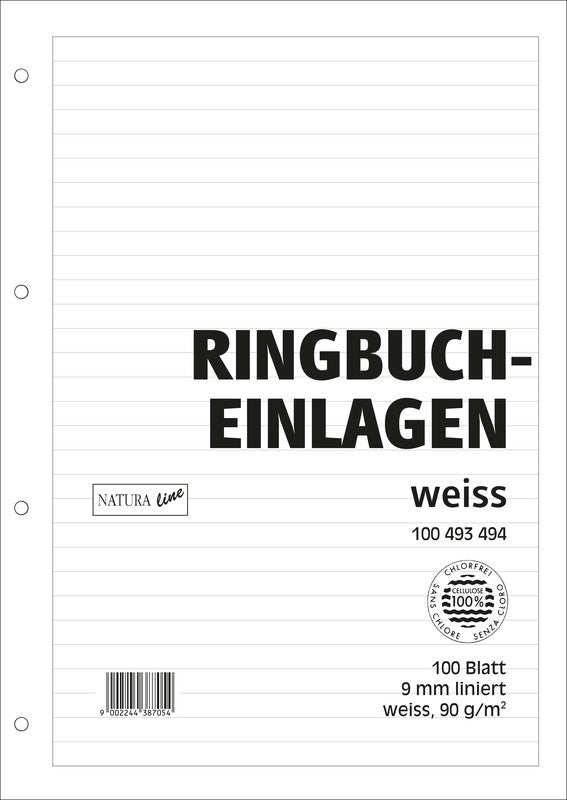 Natura line Notizbuch-Einlagen A4, liniert 9 mm, mit Rand, 4-fach gelocht, 90 g/m² – 100 Blatt