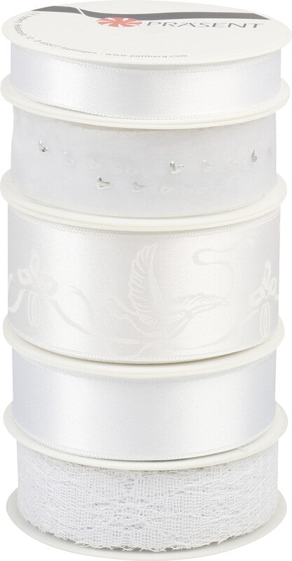 Präsent Geschenkband – Hochzeit, Weiss – Seide – Set: 5 Rollen (1×15 mm × 3 m; 3×25 mm × 3 m; 1×40 mm × 3 m)