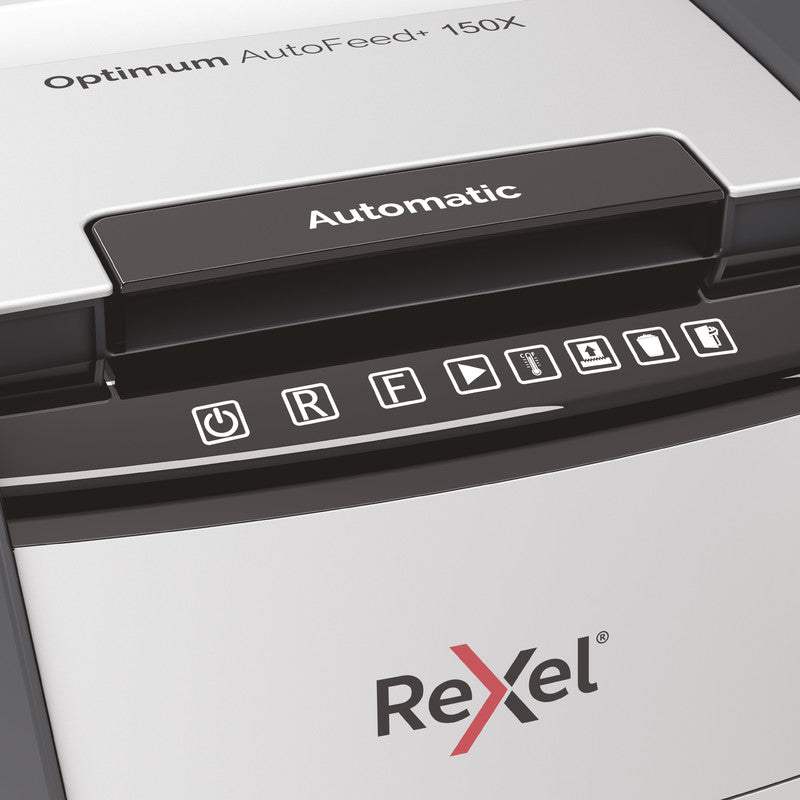 Rexel Optimum AutoFeed+ 150X – Aktenvernichter mit Autofeed 150 Blatt, DIN P-4, Partikelschnitt 4 × 28 mm, 44