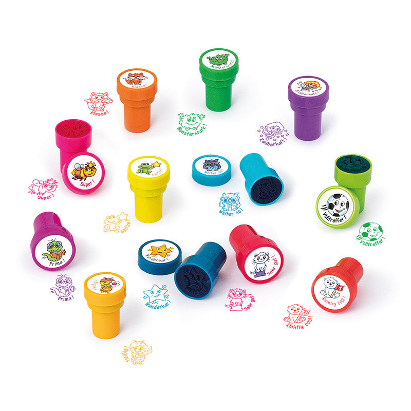 Trendhaus Lehrerstempel-Set Monsterstark und Zauberhaft – 12er-Set, selbstfärbend, Kunststoff, Ø 26 mm