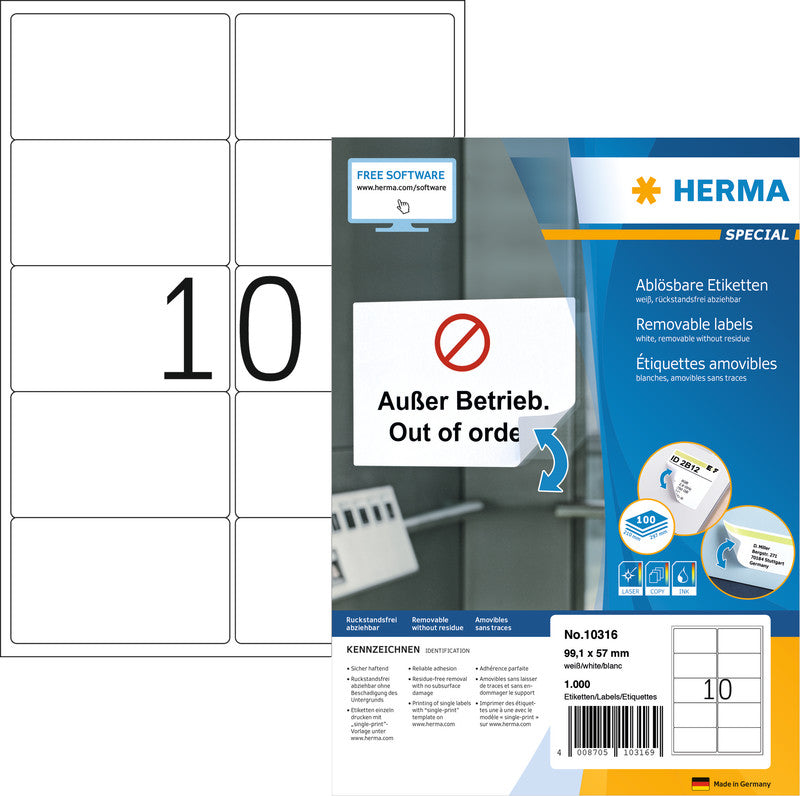 HERMA Drucketiketten, 99 mm × 57 mm, weiss, Papier, ablösbar, 1'000 Etiketten