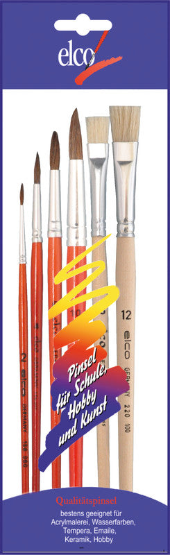 Elco pinsel Pinsel-Set – sortiert, Holz (Birke), 6er-Pack, Aluminiumzwinge, für Aquarell, Acryl, Tempera