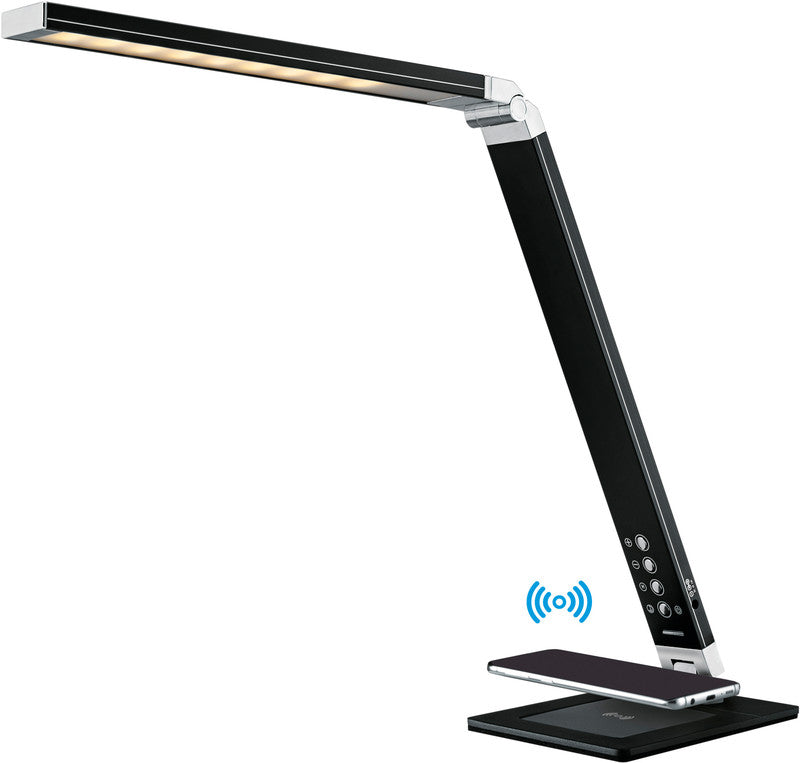 Hansa LED Tischleuchte Magic Plus – Qi & USB, 5-stufig dimmbar – 3000–6000 K – 500 lm 10 W – schwarzes Aluminium